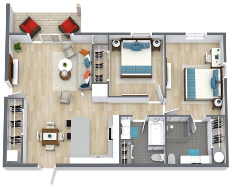 Floor plan for 2 beds, 2 baths, 960 sqft
